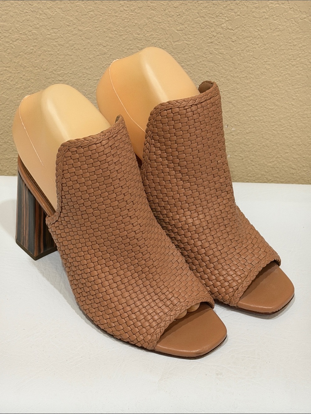 Woven Peep-Toe Mule Heels in Tan